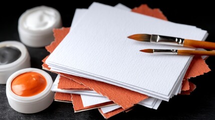 Stack of white textured paper with artist paint brushes and jars of pigment on dark surface
