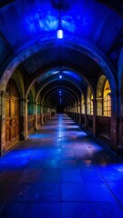 Fototapeta premium Long, arched corridor lit by blue light