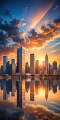 Obraz premium Sleek modern cityscape at sunset