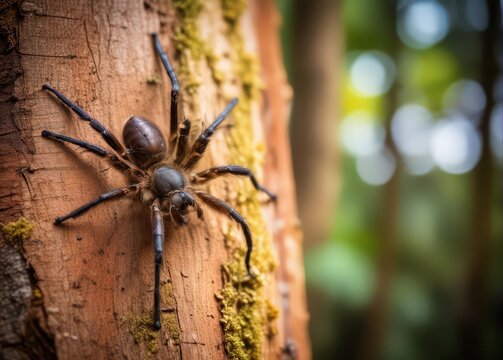 Dark reddish-brown spider on a tree trunk in Booti Booti National Park