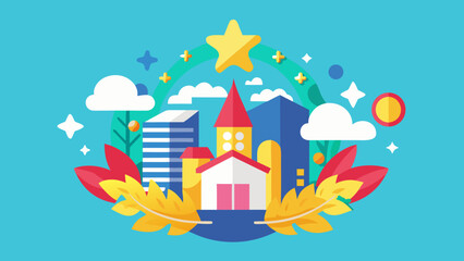 Whimsical flat design cityscape with star and clouds