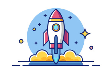 Cartoon rocket launching into space with stars and clouds
