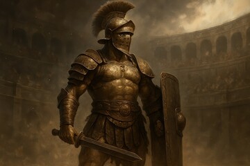 Ancient Roman gladiator warrior in full armor preparing for epic colosseum battle scene