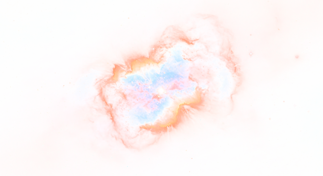 Ethereal nebula cloud with soft pink peach and blue hues resembling a cosmic watercolor painting.