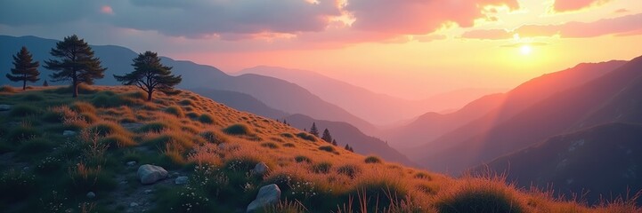 A breathtaking mountain vista at sunset.