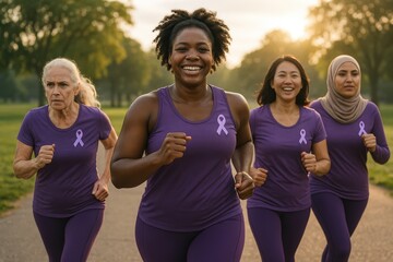 Community of diverse women united in purple athletic gear supporting health awareness movement