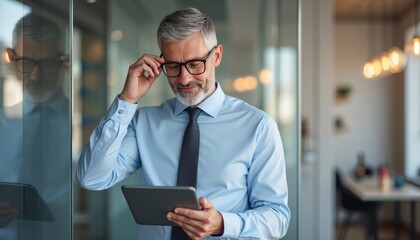 Confident businessman reviewing data on a tablet