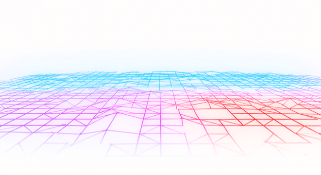 Colorful low poly grid with blue purple and red hues forming a wireframe landscape.