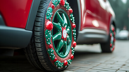 Close-up of a red vehicle's wheel with festive holiday-themed hubcap in snowy outdoor setting