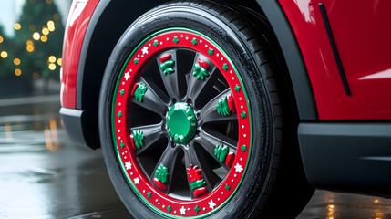 Close-up of a red vehicle's wheel with festive holiday-themed hubcap in snowy outdoor setting