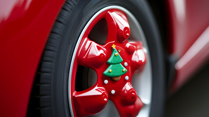 Close-up of a red vehicle's wheel with festive holiday-themed hubcap in snowy outdoor setting