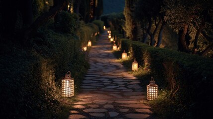Illuminated pathway at night with lanterns