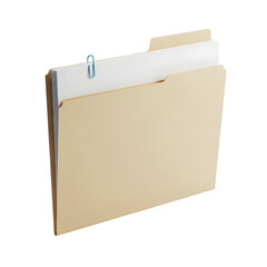 Beige manila file folder open, organizing important white documents secured by a blue paperclip, isolated on a clean white background, symbolizing office administration and data management.
