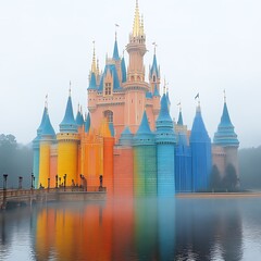 Colorful castle reflected in a misty lake.