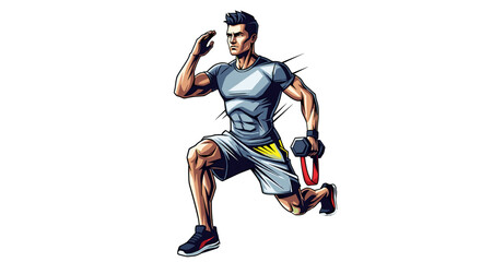 Obraz premium Man in athletic wear performing a lunge with a dumbbell and resistance band in his right hand exercise routine on transparent background