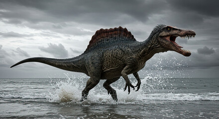 Fototapeta premium A Spinosaurus walking at the beach causing water splash