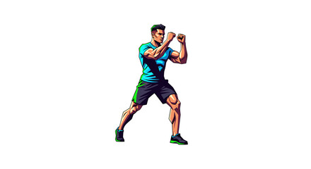 Obraz premium Illustration of a muscular man in athletic stance wearing a blue shirt and black shorts preparing to fight on transparent background