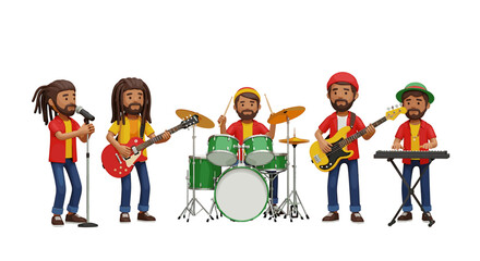 Cartoon reggae band performing with singer, guitarist, drummer, bassist, and keyboardist on stage together on transparent background