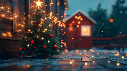 Snowy Christmas scene with decorated tree and illuminated red cabin at night