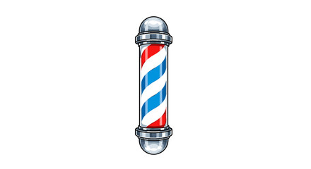 Illustration of a classic barber pole with red, white, and blue stripes and metallic accents on top and bottom on transparent background