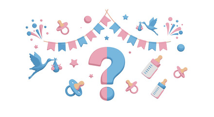 A baby gender reveal party with a question mark, storks, bottles, pacifiers, and a banner decoration on transparent background