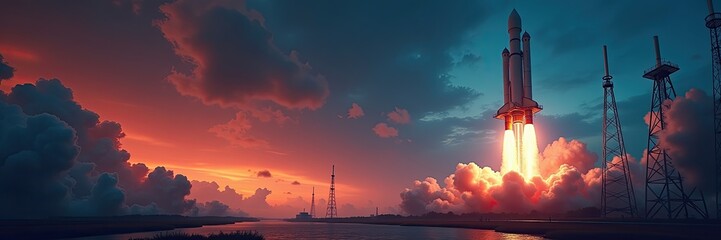 Powerful rocket launch at sunset over a body of water.