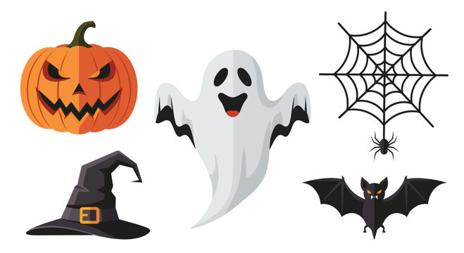 Halloween Icon Set: Jack-o'-Lantern, Ghost, Spiderweb, Witch Hat, and Bat Vector Illustrations for Spooky Designs