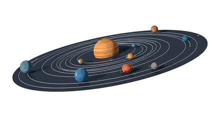 Illustration of the solar system with planets orbiting a central sun on a dark background with white lines on transparent background © Segati