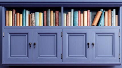 A purple bookshelf filled with a variety of books on a solid background
