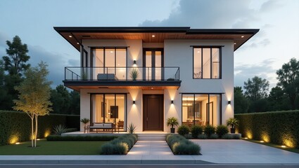 Fototapeta premium Modern two-story house exterior at dusk.