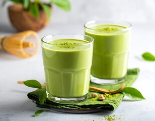 Two glasses of matcha smoothie