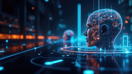 Futuristic artificial intelligence head displayed on a technological interface.