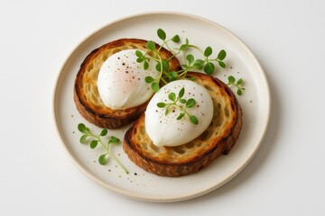 Gourmet breakfast featuring poached eggs on sourdough with microgreens isolated on bright white