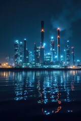 Fototapeta premium Illuminated industrial complex reflected in a still body of water at night.