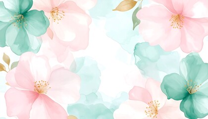 Watercolor Floral Background Pastel Pink  Teal Flowers on White Space for Design.