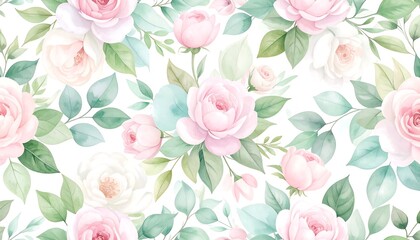 Watercolor floral seamless pattern elegant roses with delicate leaves on white backdrop.