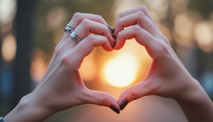 Hands forming a heart shape against a glowing sunset