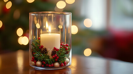 A lit candle in a glass holder decorated with red berries and greenery, set against a festive background with blurred lights.