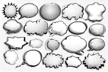 Collection of comic book speech bubbles in various shapes and styles.  Halftone and distressed effects
