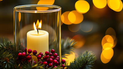 A lit candle in a glass holder decorated with red berries and greenery, set against a festive background with blurred lights.