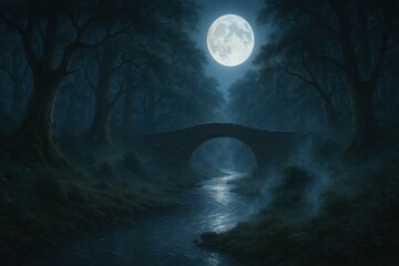 Mystical Moonlit Forest River with Ancient Stone Bridge and Ethereal Mist