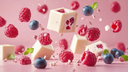 White chocolate pieces float among fresh raspberries and blueberries on a pink background in a vibrant dessert display