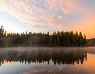 Fototapeta premium Sunrise over a misty lake, reflecting a forest