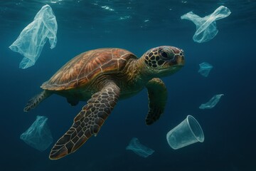 Obraz premium Marine conservation message showing sea turtle encountering ocean plastic pollution