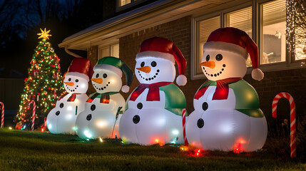 Illuminated snowmen and Christmas tree display at night