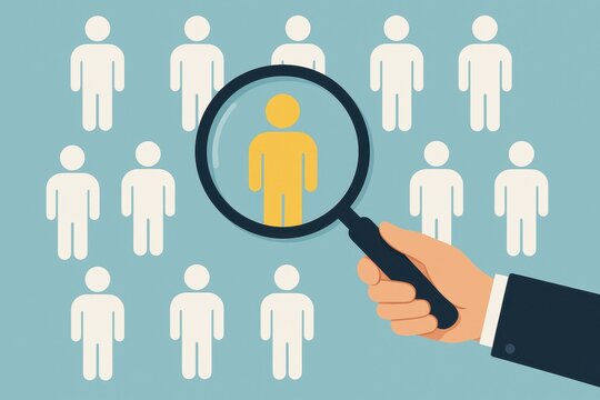 Marketing team using data analytics to identify target customer segments with magnifying glass focus tool