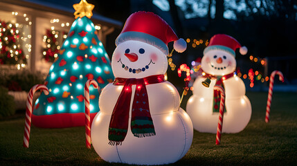 Illuminated snowmen and Christmas tree display at night