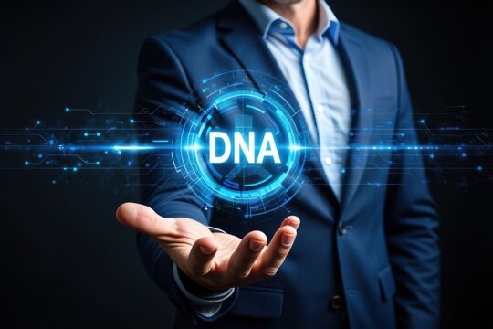 Businessman presenting dna helix in futuristic digital interface