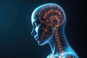Profile view of a digital human head with glowing neural pathways.