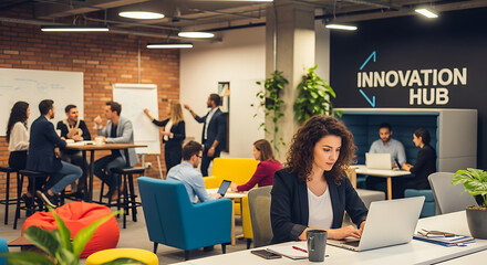 Woman using laptop in a vibrant open office space with collaborative areas and innovation hub signage visible